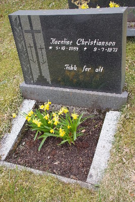 Gravminnet for Karoline Christiansen er et eksempel på sten med refleksjoner hvor jeg fikk best bilde ved å ta foto fra venstre og på skrått nedover. Merk hvor tett gravstenene er plassert.